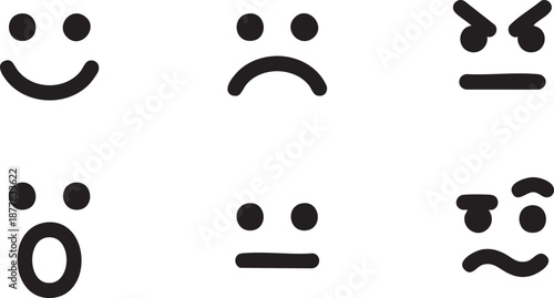 Six simple black and white cartoon faces showing different emotions on a white background expression