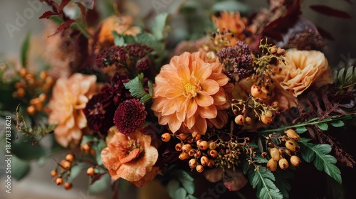 Wallpaper Mural Autumn wedding bouquet with warm-toned flowers and foliage, cozy seasonal wedding theme.  Torontodigital.ca