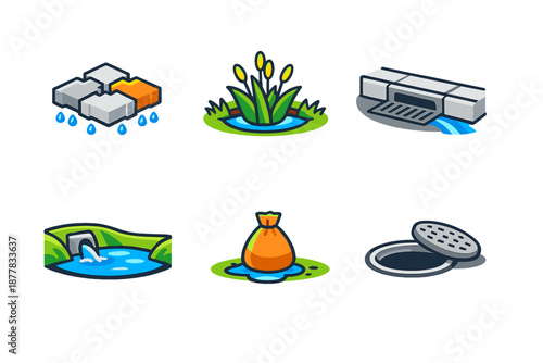 Set of isometric icons representing water and drainage elements