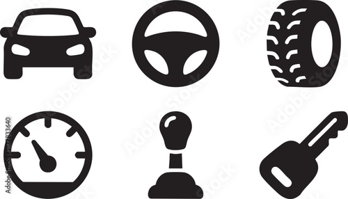 Black car including vehicle tire steering wheel speedometer gear shift and key automobile transport