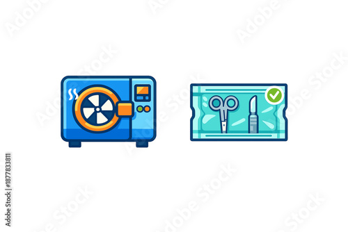 Sterilization equipment and surgical tools icon set
