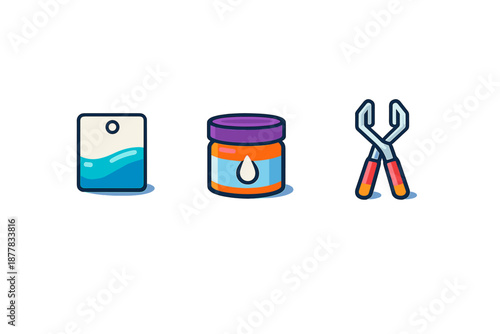 Set of three icons: liquid container, jar with drop, and tongs
