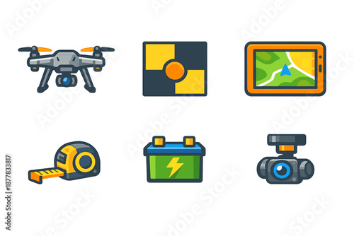Drone, battery, tablet, measuring tape, and camera icons