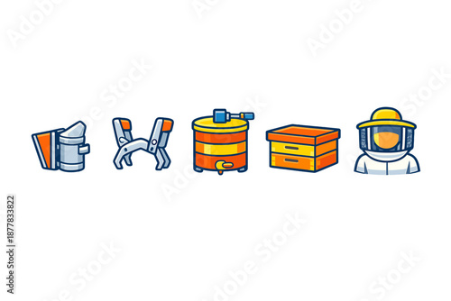 Beekeeping equipment icons on a blurred background