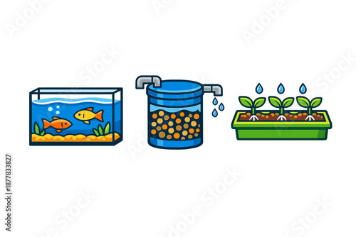 Aquaponics system illustration with fish tank, filter, and plants