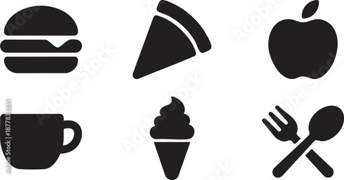 Black of a burger pizza apple coffee cup ice cream cone and cutlery on white food drink