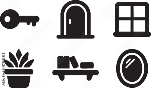 Black of a key a door a window a plant a shelf with books and a mirror