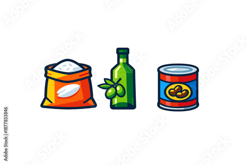 Stylized icons of food: bag of flour, olive oil, and canned beans