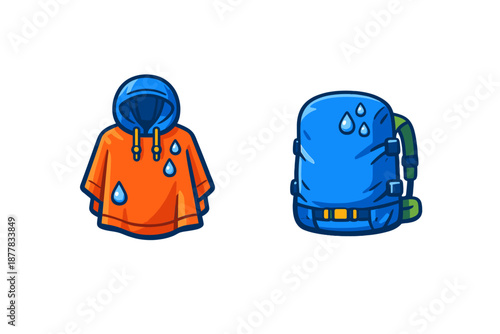 Rain gear and backpack icons with water drops