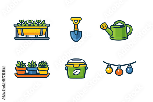Gardening Icons: Potted plants, shovel, watering can, storage bin