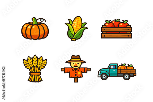 Autumn Harvest Icons: Pumpkin, Corn, Apples, Wheat, Scarecrow, Truck