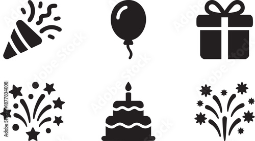 Black of party popper balloon gift box cake and fireworks on white background