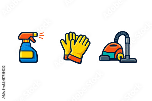 Cleaning equipment icons: spray bottle, gloves, and vacuum cleaner