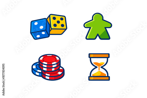 Board game icons: dice, pawn, chips, hourglass