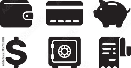 Black of wallet credit card piggy bank dollar sign safe and receipt purse money