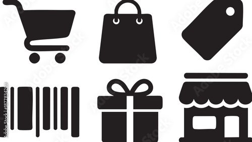 Black shopping cart shopping bag price tag barcode gift box and store trolley