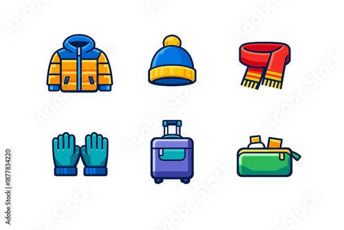 Winter clothing and travel accessories icons