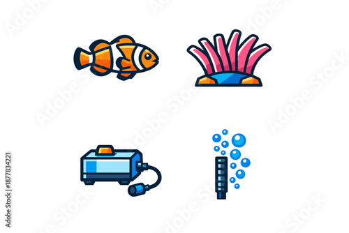 Clownfish, anemone, air pump, and bubbles, aquarium icons