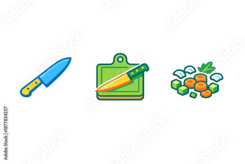 Chef knife, cutting board and chopped vegetables icons