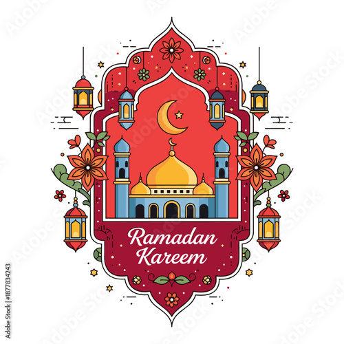 Celebrating ramadan kareem with traditional mosque and lanterns Vector