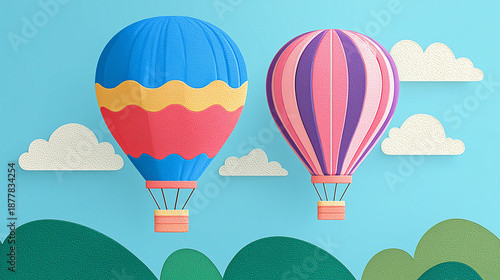 Colorful Hot Air Balloons in Paper Cut Style Sky Scene