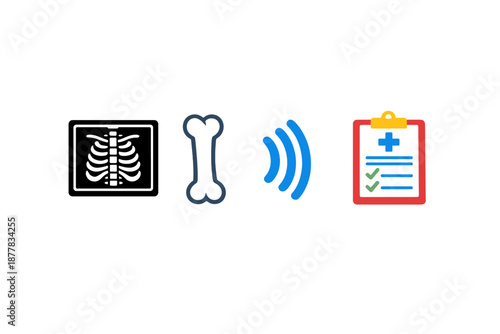 Medical diagnostics icons: X-ray, bone, signal, and medical record