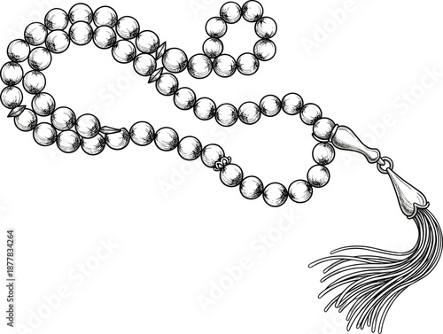 Islamic prayer beads illustration, tasbih rosary sketch, hand drawn line art, spiritual meditation jewelry, black and white, isolated background vectorvv