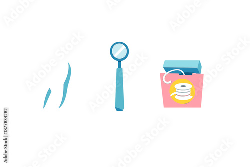 Dental hygiene tools: tooth, mirror, and dental floss