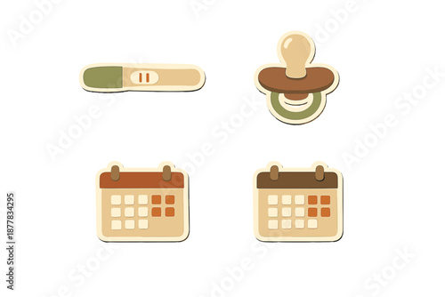 Pregnancy test, pacifier, and calendars icon set