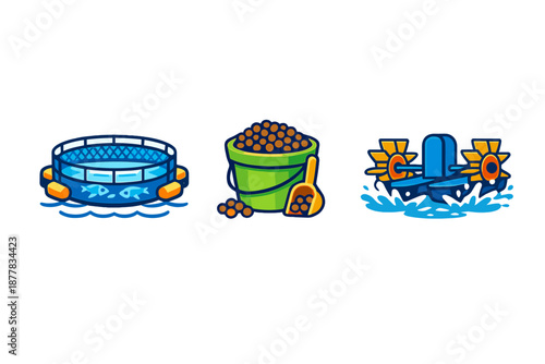 Fish farm equipment icons: pond, feed bucket, and aerator