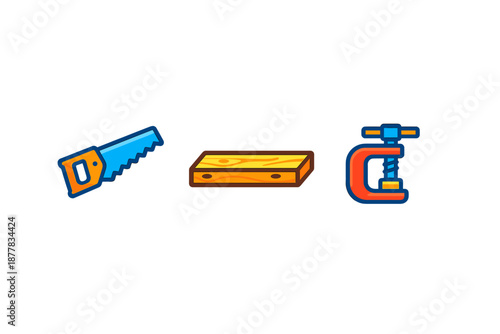 Saw, Wood Plank, and Clamp Icon Set