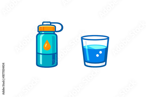 Cartoon water bottle and glass with blue glow