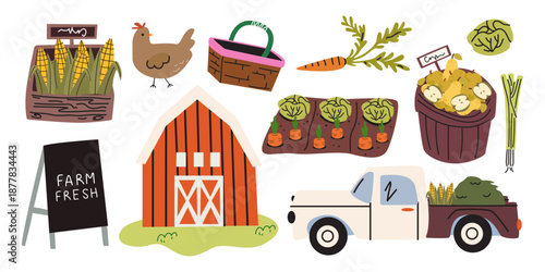 Farmer stickers collection in cartoon retro style. Rural icon set, village life, truck, barn, vegetables, gardening elements. Harvest season vector illustration