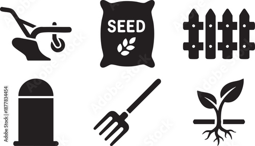 Collection of black agricultural including plow seed bag fence pitchfork seedling and silo agriculture