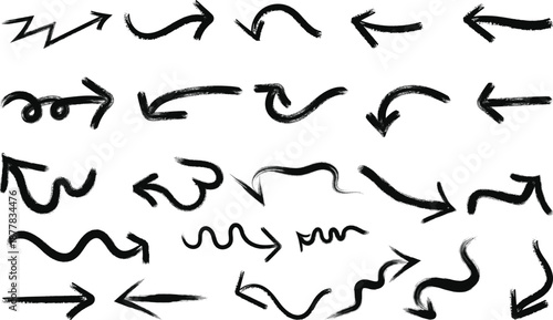 A collection of hand drawn black arrows in various styles and directions silhouette