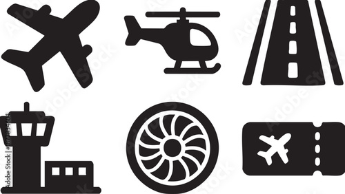 Collection of black transportation and travel including airplane helicopter runway wheel and ticket