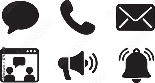 Collection of six black communication and notification on white background speech bubble