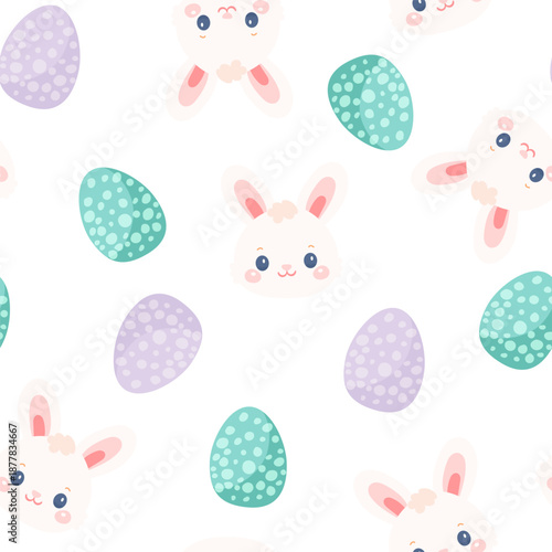 Seamless pattern with rabbit face and egg on transparent background vector illustration. Happy Easter day.