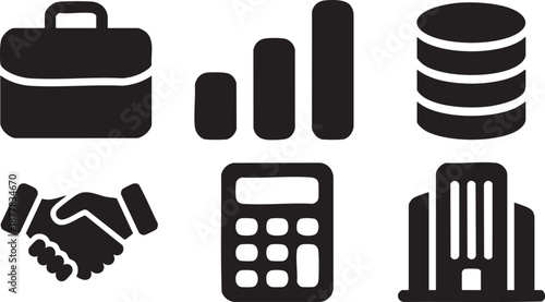 Collection of six black business including briefcase graph database handshake calculator and building