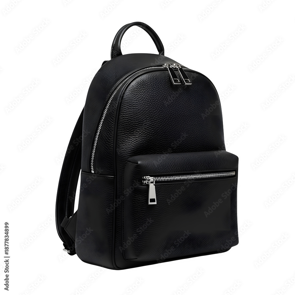 Fototapeta premium Stylish black leather backpack with silver zippers on black background