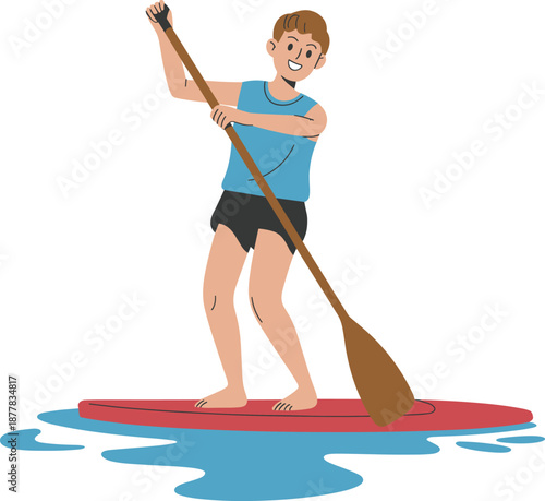 Man paddleboarding on water, stand up paddle board illustration, summer water sport, outdoor adventure activity, fitness recreation, vector art