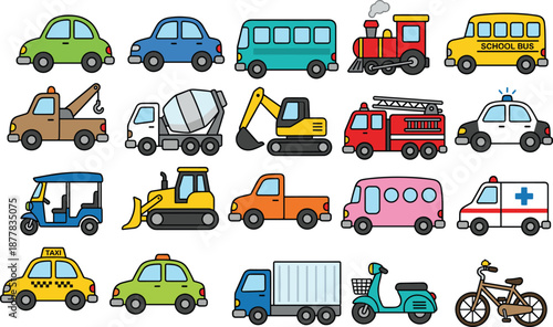 Cartoon vehicle vector set, cars, buses, trucks, emergency transport, construction machines, public transport, kids illustration, isolated icons, colorful design