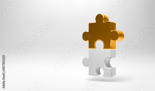 Golden 3D puzzle piece on white plastic detail. Luxury scene. Realistic perspective for assemble part of jigsaw. Premium constructor fragment join. Complex project planning strategy. Minimal vector