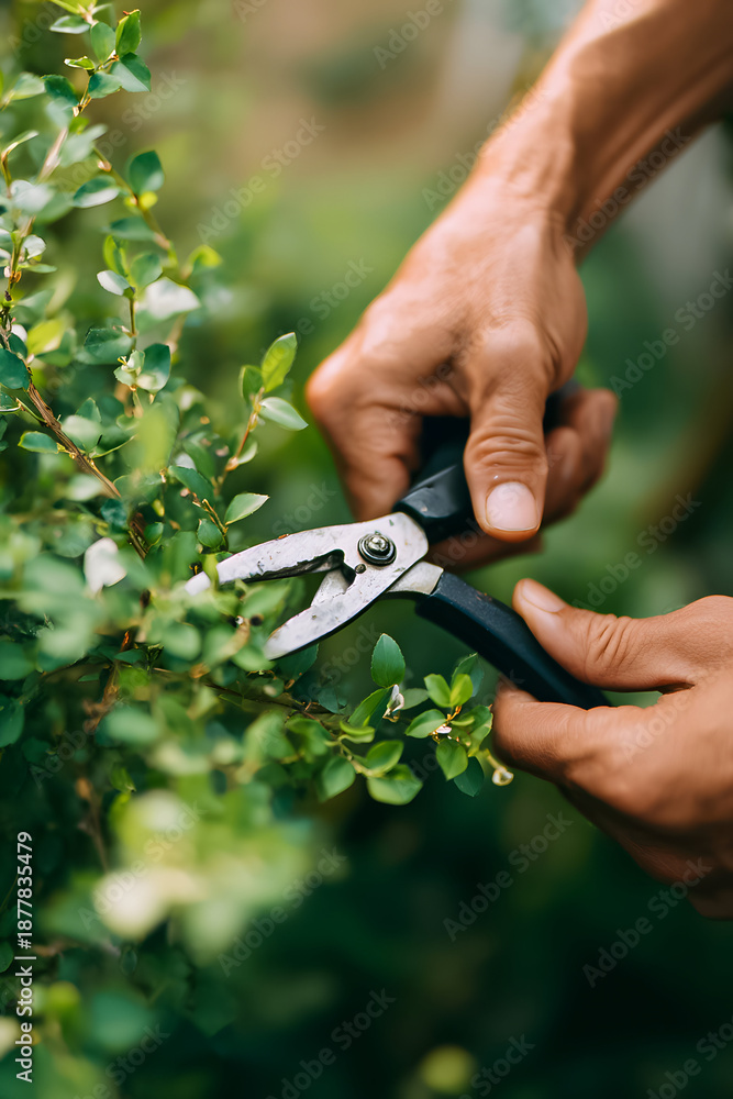 Fototapeta premium Gardener trims green leaves with pruning shears in outdoor setting during afternoon hours