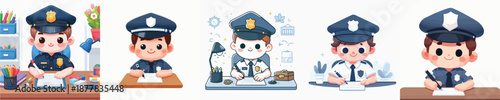 A Cute Police Boy Writing at a Desk Vector Illustration