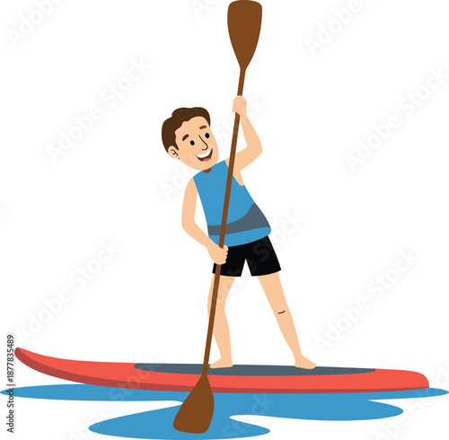Smiling man paddleboarding on red stand up paddle board, flat vector illustration, summer water sport adventure, isolated on white background
