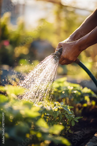 Hands hold a garden hose to water plants in the garden during sunset in a backyard setting