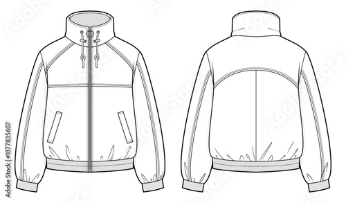 Gorpcore Windbreaker Jacket Technical Fashion Illustration. Lightweight Outdoor Shell with Funnel Neck, Toggle Drawstring Adjustments. Relaxed Fit. Front and Back Views. Unisex Outerwear. CAD Mockup.