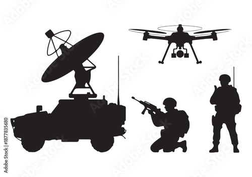 Modern Military Surveillance Vector Silhouette Set with Armed Soldiers Drone and Radar Vehicle.