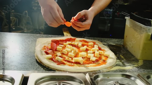 Chef arranges salami slices on pizza base with cheese cubes. Chef spreads slices across sauce checking spacing before oven loading step